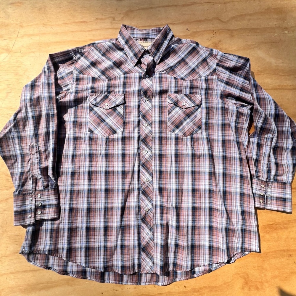 Wrangler Mens Western Plaid Snap Button Long Sleeve Shirt Brown Blue XL